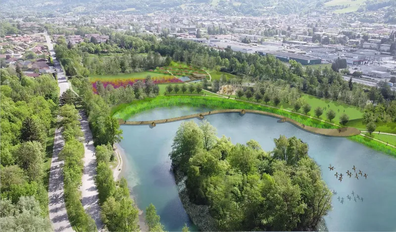 Bénévoles arrachant des plantes au bord d'un lac