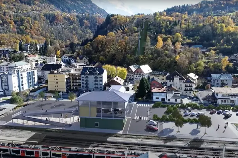 Vue aérienne de la gare du Fayet et du centre de Saint-Gervais