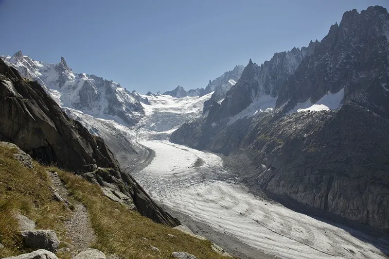 Le train à crémaillère du Montenvers arrivant en gare face aux Drus